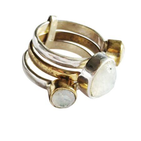 Moonstone faceted stones with rhodium plating over brass multi-band design  set in 925 silver, size 8