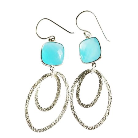 Blue chalcedony faceted cushion-like cut dangle earrings, set in 925 silver