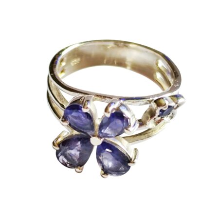Iolite pear cut floral ring set in 925 silver, size 8