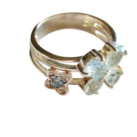 Blue topaz pear cut floral ring set in 925 silver, size 8