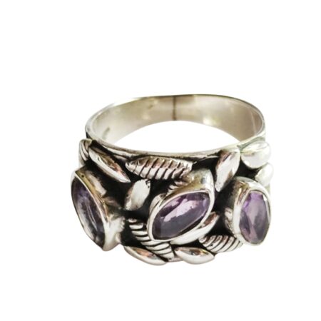 Amethyst marquise cut Nouveu style ring set in 925 silver, size 7