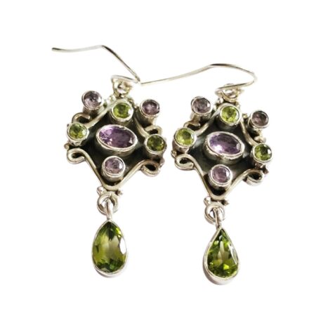Amethyst and peridot dangle earrings, set in 925 silver