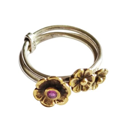 Ruby round cut stone floral multi-band ring set in 925 silver with rhodium over Brass plated flowers, size 8