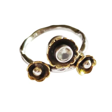 Prehnite round cut stone floral ring set in 925 silver with rhodium over Brass plated flowers, size 6