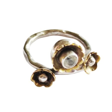 Prehnite round cut stone floral ring set in 925 silver with rhodium over Brass plated flowers, size 8