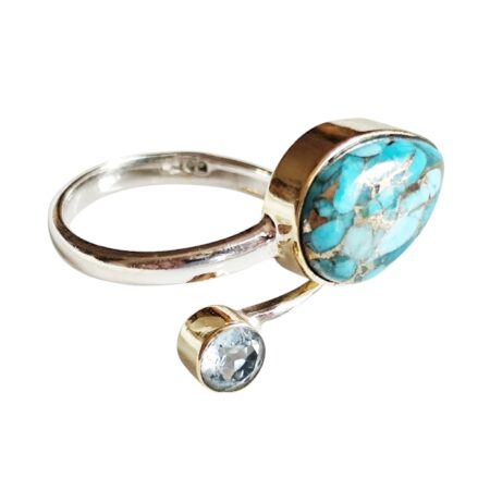 Turquoise pear cut stone with small round blue topaz cut stone ring with rhodium plating over brass open wrap design set in 925 silver