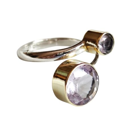 Amethyst round cut stones ring with rhodium plating over brass open wrap design set in 925 silver