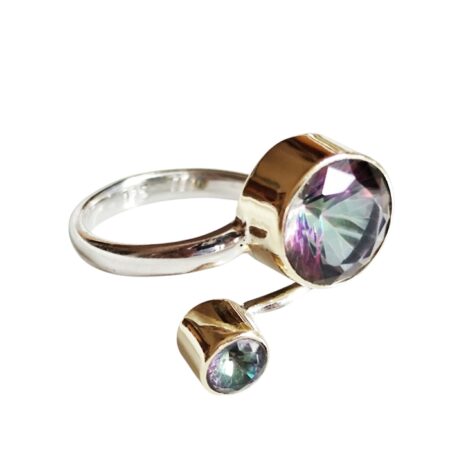 Mystic Topaz round cut stones ring with rhodium plating over brass open wrap design set in 925 silver