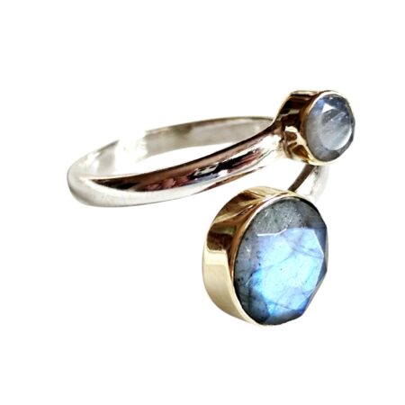 Labradorite round cut stones ring with rhodium plating over brass open wrap design set in 925 silver