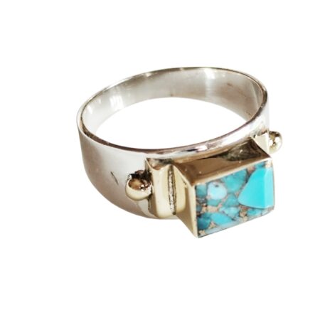 Emerald cut turquoise stone ring with inlay setting set in 925 silver, size 9