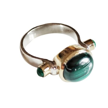 Oval cut malachite cabochon with two small round cabochons ring with bezel setting set in 925 silver, size 7