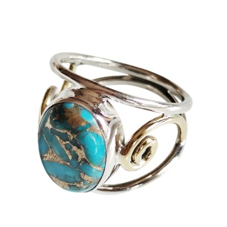 Blue copper turquoise oval cut stone solitaire ring set in 925 silver, size 9