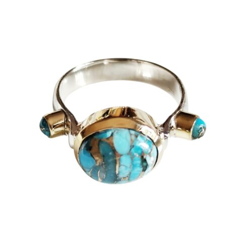 Oval cut Turquoise cabochon with two small round cabochons ring with bezel setting set in 925 silver, size 8