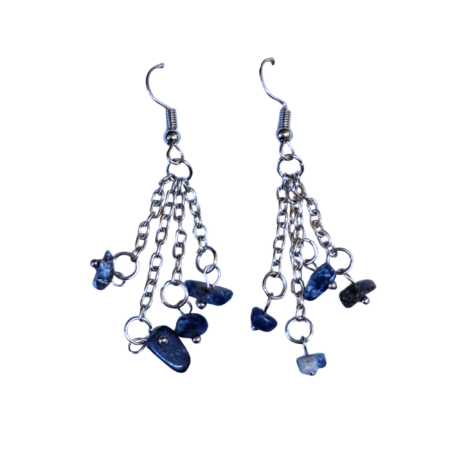 Lapis Lazuli chips on chain dangle earrings, Silver base, 57mm