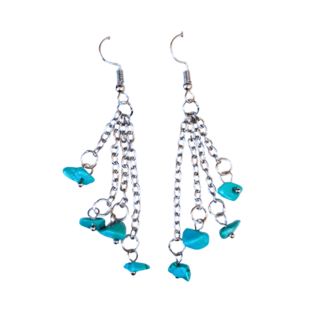 Blue howlite chips on chain dangle earrings, Silver base, 57mm