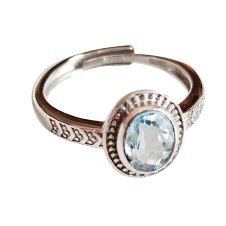 Aquamarine Oval cut stone with Milgrain detailing set ring in 925 silver, adjustable