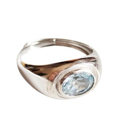 Aquamarine Oval cut stone bezel set ring in 925 silver, adjustable
