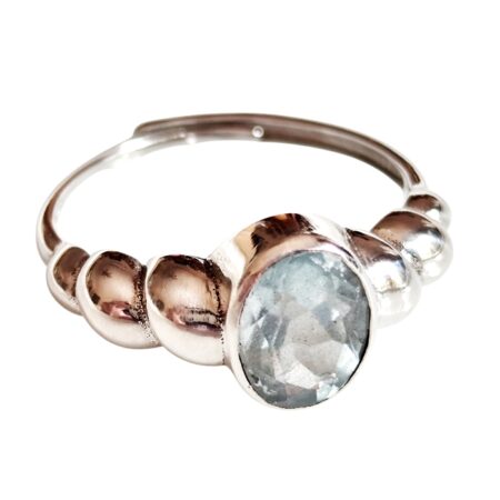 Aquamarine Oval cut stone bezel set ring with conch shell design in 925 silver, adjustable