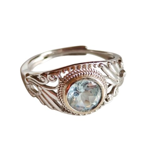 Aquamarine round cut stone bezel set ring with filigree design in 925 silver, adjustable