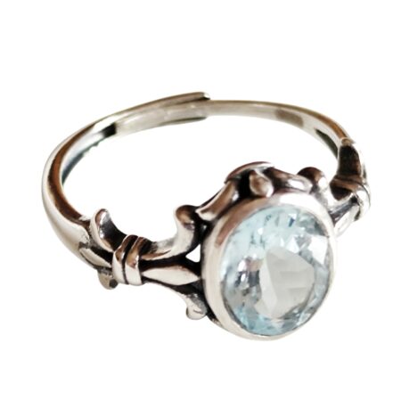 Aquamarine Oval cut stone bezel set ring with fleur-de-lis design in 925 silver, adjustable