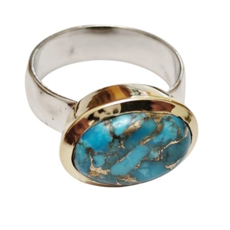 Oval cut cabochon Turquoise ring with bezel setting set in 925 silver, size 7