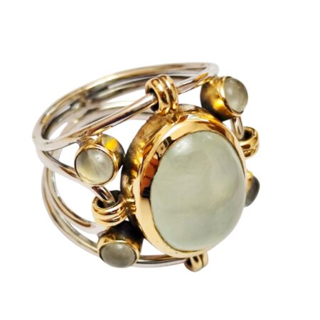 Prehnite cabochon vintage style cocktail ring set in 925 silver with rhodium over Brass plating, size 9