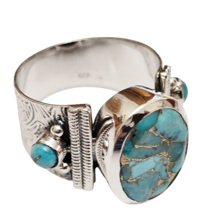 Oval cut Turquoise cabochon with two small round cabochons ring with bezel setting set in 925 silver, size 10