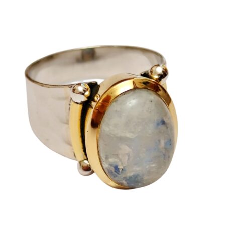 Moonstone oval cut cabochon with cocktail ring set in 925 silver, size 8