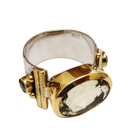 Lemon quartz oval cut with 2 round cut Peridot stones cocktail ring set in 925 silver, size 9