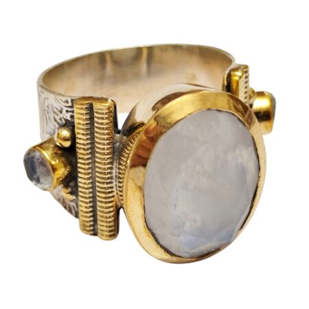 Oval cut Moonstone with two small round cut Moonstones ring with bezel setting set in 925 silver, size 8