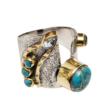 Round cut cabochons Turquoise with  blue topaz Pear and round cut statement ring set in 925 silver, size 10
