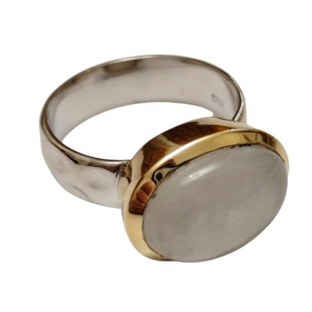 Oval cut cabochon Moonstone ring with bezel setting set in 925 silver, size 7
