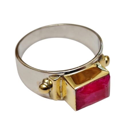 Emerald cut Ruby stone ring with horizontal bezel setting set in 925 silver, size 9