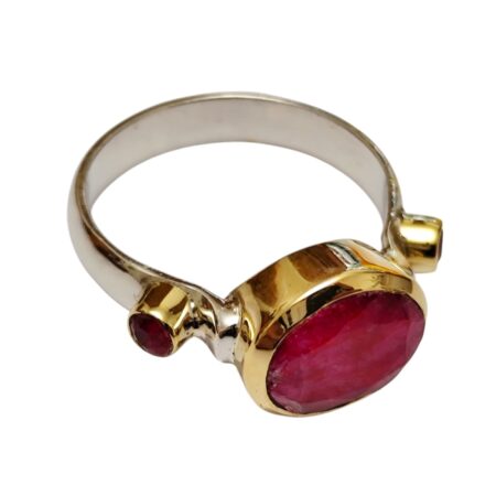 Oval cut Ruby cabochon with two small round rubies ring with bezel setting set in 925 silver, size 10