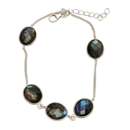 Labradorite bracelet in 925 silver, faceted Oval, with lobster clasp and extension chain end, 18 + 2.4cm