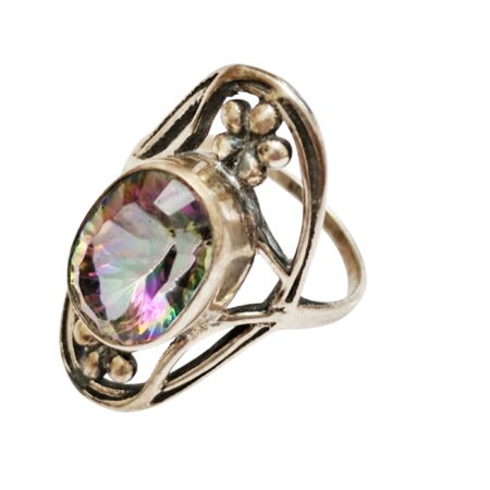 Mystic topaz Nouveau inspired statement ring set in 925 silver, size 8