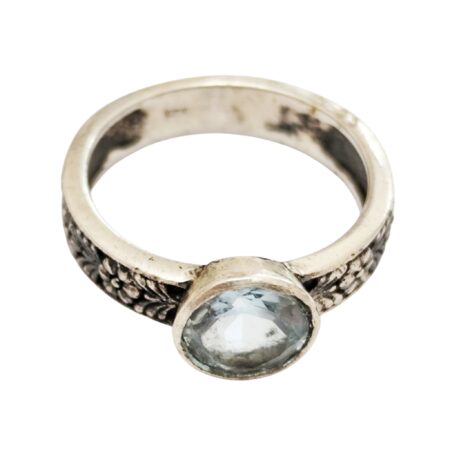 Blue topaz round cut bezel set ring with antique floral design band set in 925 silver, size 6
