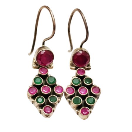 Ruby and Emerald cluster dangle earrings set in 925 silver, 42mm hanging length