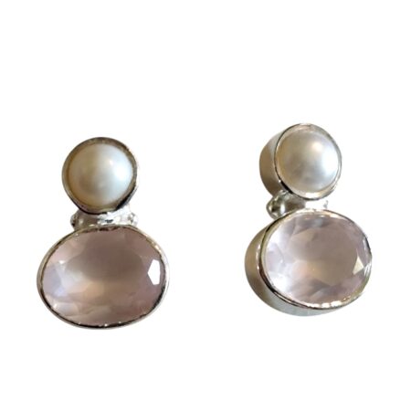 Morganite with Freshwater pearl gemstone stud earrings set in 925 silver