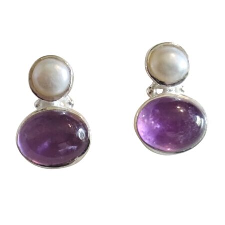 Amethyst cabachon with Freshwater pearl gemstone stud earrings set in 925 silver