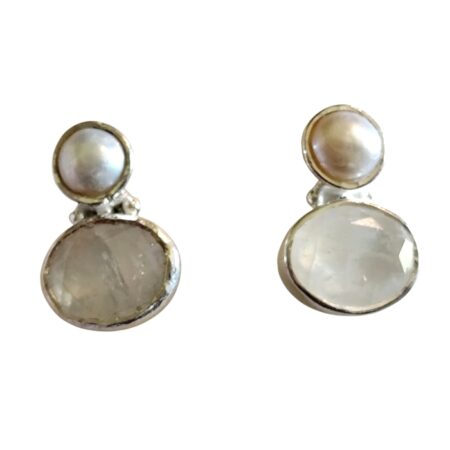 Moonstone with Freshwater pearl gemstone stud earrings set in 925 silver