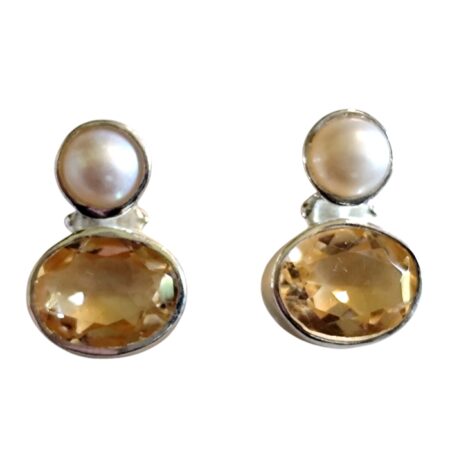 Citrine with Freshwater pearl gemstone stud earrings set in 925 silver