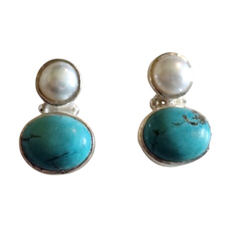 Turquoise cabachon  with Freshwater pearl gemstone stud earrings set in 925 silver