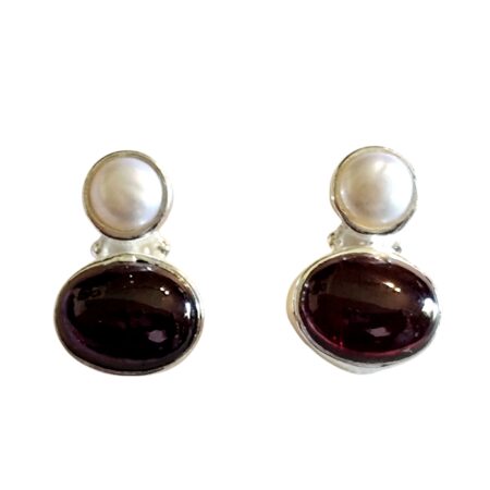 Garnet cabachon with Freshwater pearl  gemstone stud earrings set in 925 silver