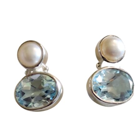 Blue topaz with Freshwater pearl gemstone stud earrings set in 925 silver