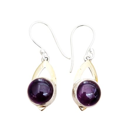 Amethyst round cabochon dangle earrings set in 925 silver, 36mm hanging length