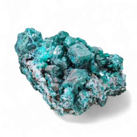 Dioptase thumbnail on chrysocolla, DRC, 33mm