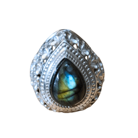 Labradorite pear cabochon ring with floral design set in 925 silver,  Size 7