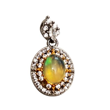 Ethiopian Opal & Cubic Zirconia Halo Pendant in 925 silver, 12 x 22mm