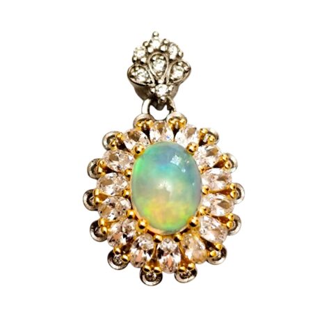 Ethiopian Opal & Cubic Zirconia Halo Pendant in 925 silver, 13 x 23mm